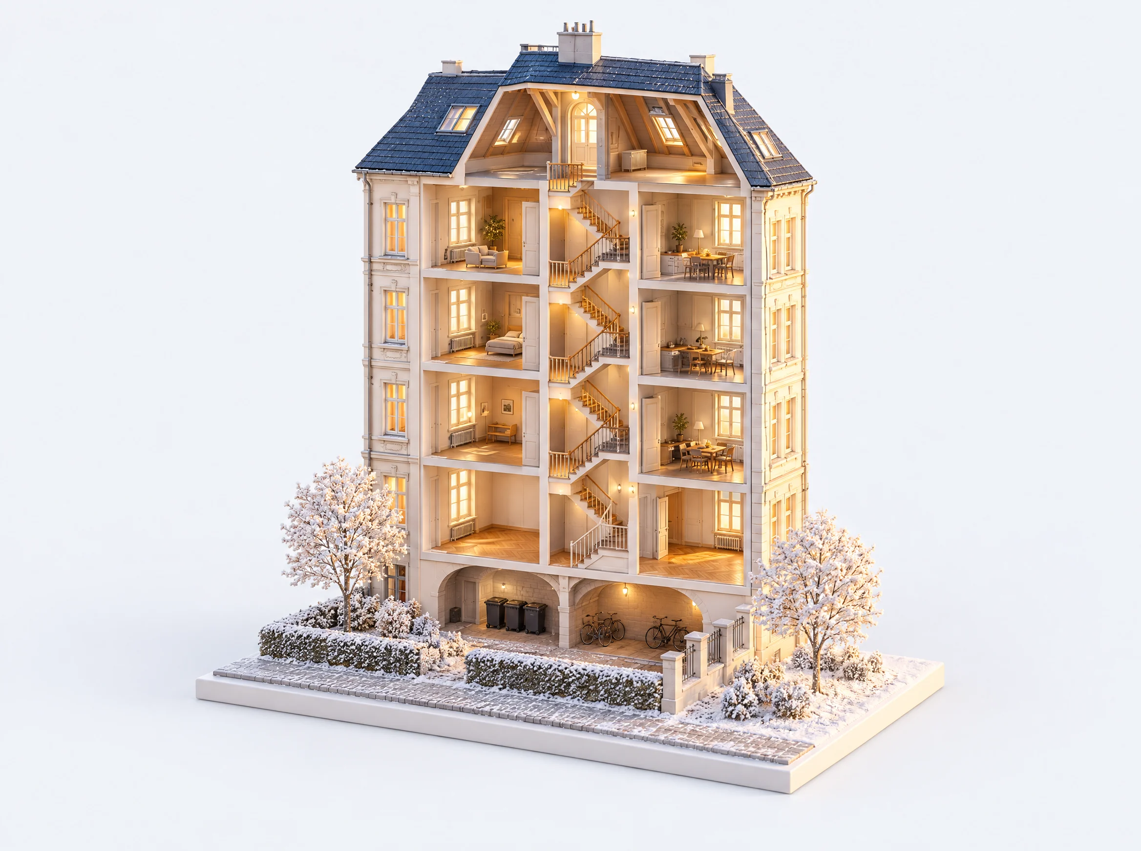 Schnittmodell eines Heidelberger Altbaus vom Dach bis zum Keller: Dachgeschoss mit Rinne, Treppenhaus, vier Wohnungen, Keller mit Mülltonnen und Fahrrädern, davor Hof und Gehweg im Winter.