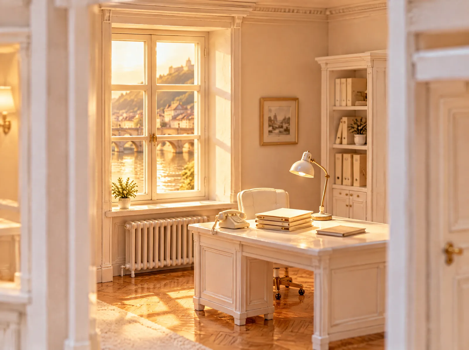 Büro mit Schreibtisch und Telefon und Blick auf den Fluss und die Altstadt, als weißes Architekturmodell